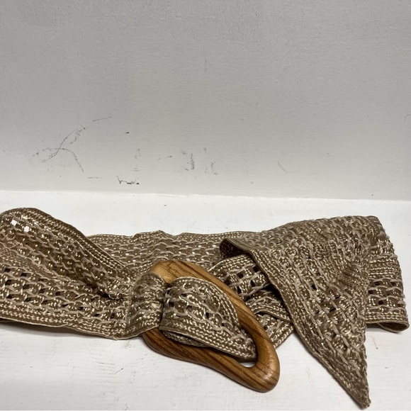 Soft Wide Woven Macrame Belt with Wood Buckle Natural Tan Color - Picture 1 of 8